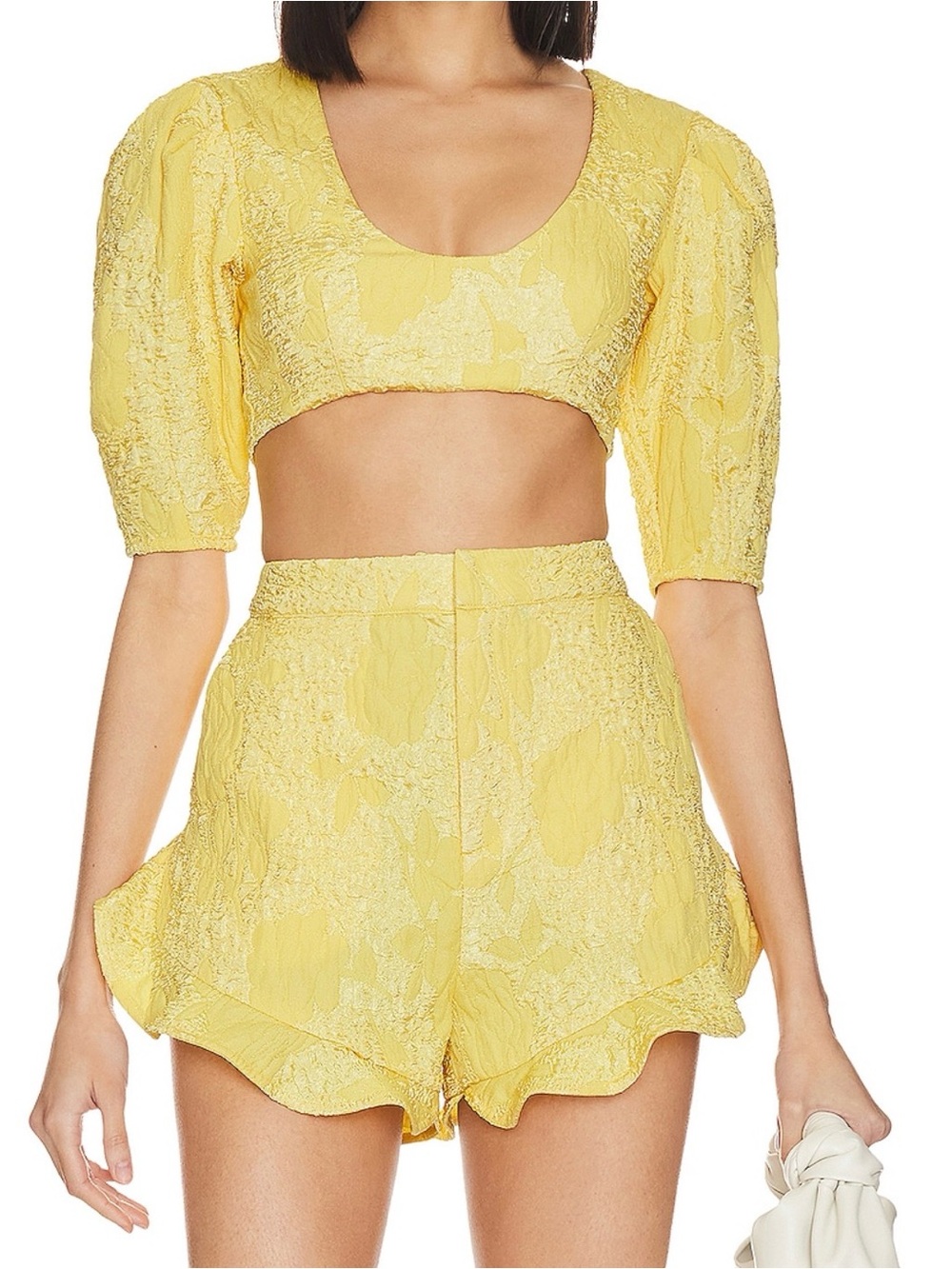 Camila Coelho Yellow High-Waist Textured Ruffle-Hem Shorts